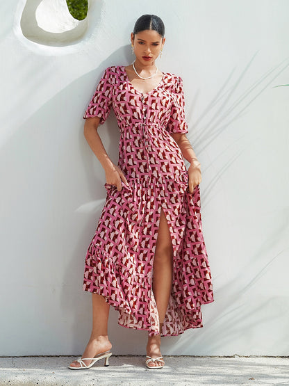 Resort Maxi Dress Pink Short Geometic Drawstring