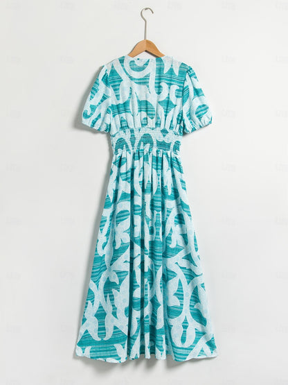 Puff Sleeve V Neck Maxi Dress