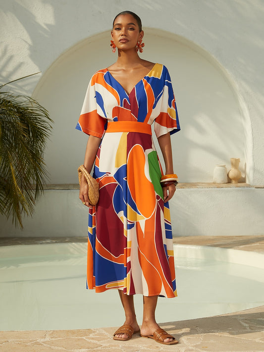 Vacation Geometric Color Block Print Satin Maxi Dress
