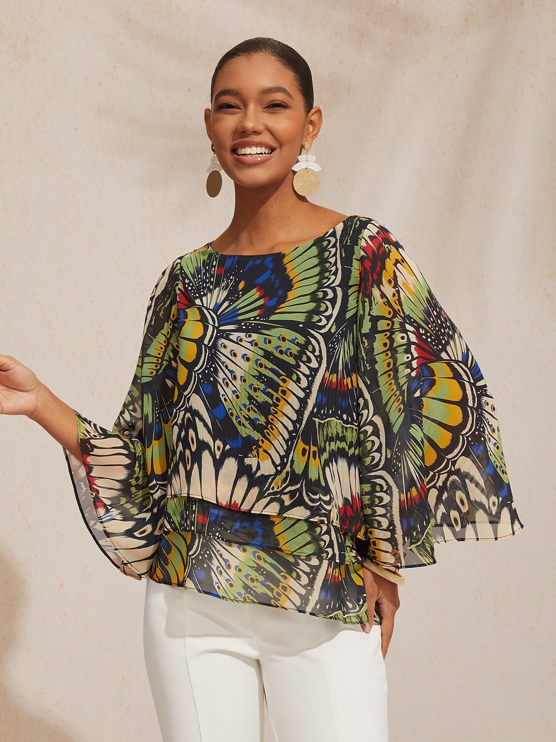 Vacation Butterfly Color Block Print Loose Chiffon Top