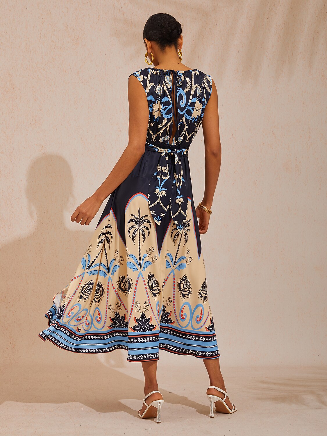 Vacation Color Block Geometric Floral Waist Cinching Satin Maxi Dress