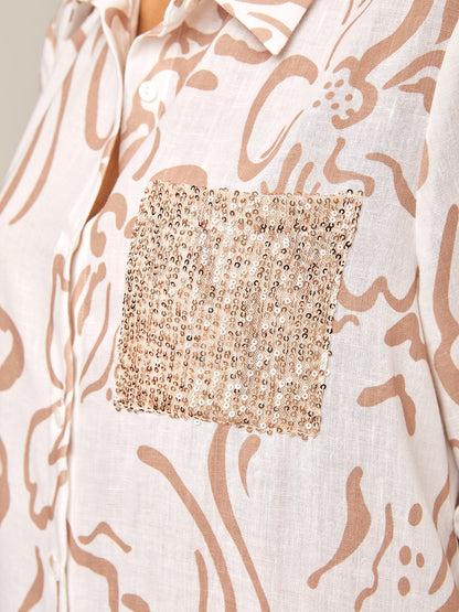 Sequin Apricot Curve Pocket Roll Up Maxi Shirt Dress