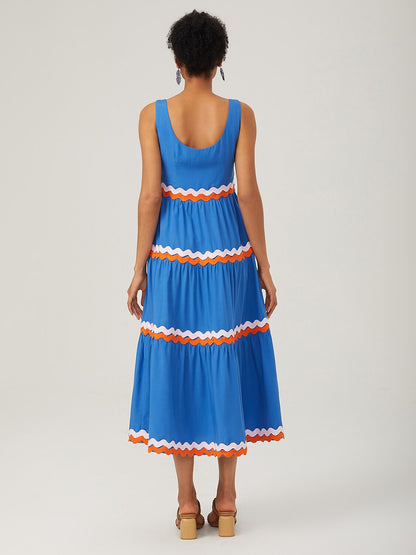 Tencel Layered Ruched Color-Block Webbing Dress