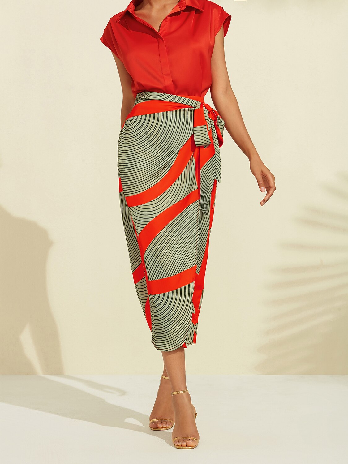 Satin Geometric Print Green Daily Casual Midi Skirt