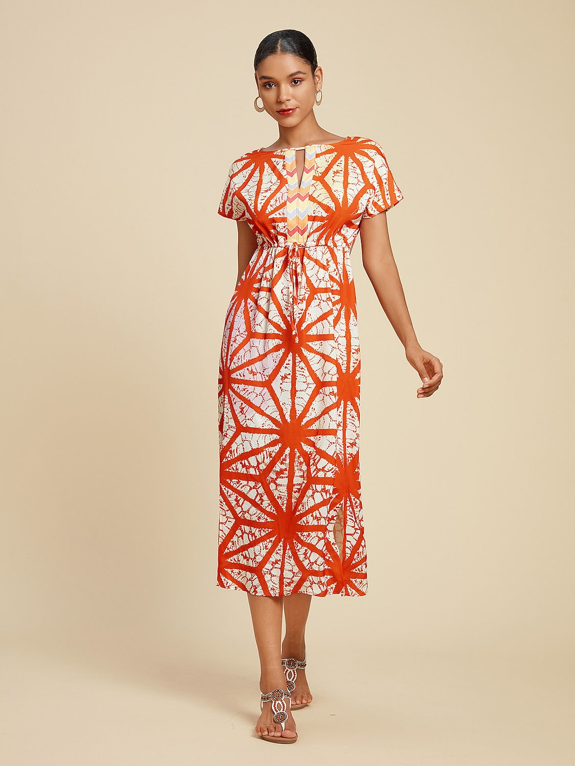 Satin Folk Drawstring Split Midi Dress
