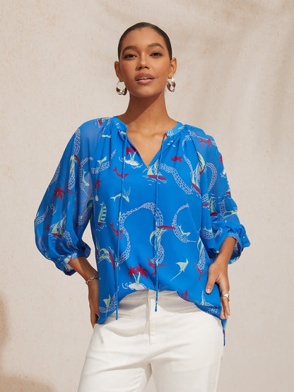 Vacation Ocean Elements Print Loose Chiffon Short Top