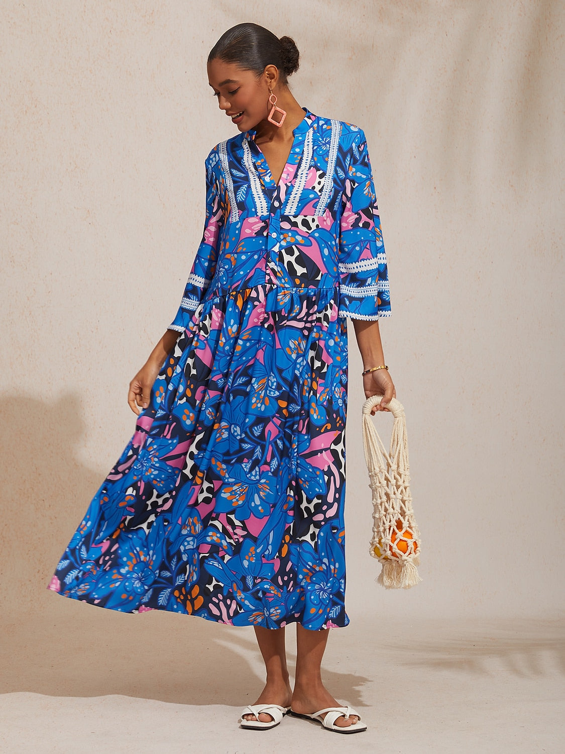 Vacation Abstract Color Dot Floral Loose fit Satin Maxi Dress