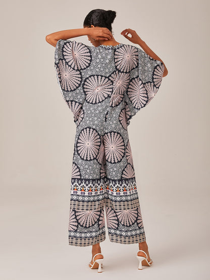 Satin Folk Print Magyar Deep umpsuit