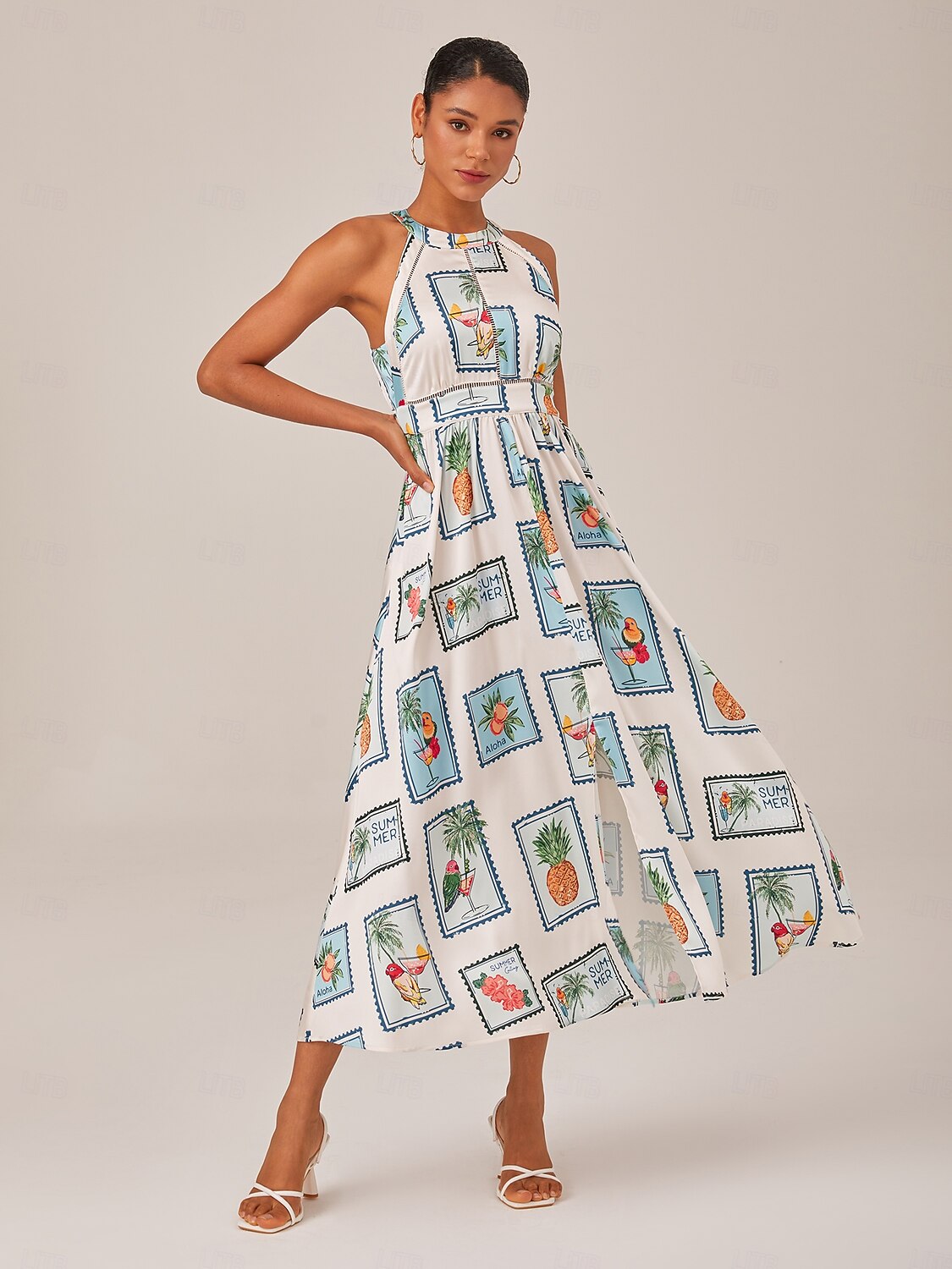 Seamless Pattern Print Halter Neck Maxi Dress