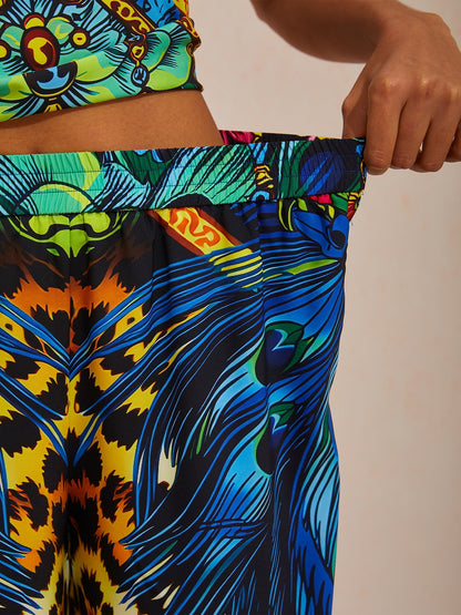 Vacation Leopard Feather Print Elastic Waist Satin Straight Pants