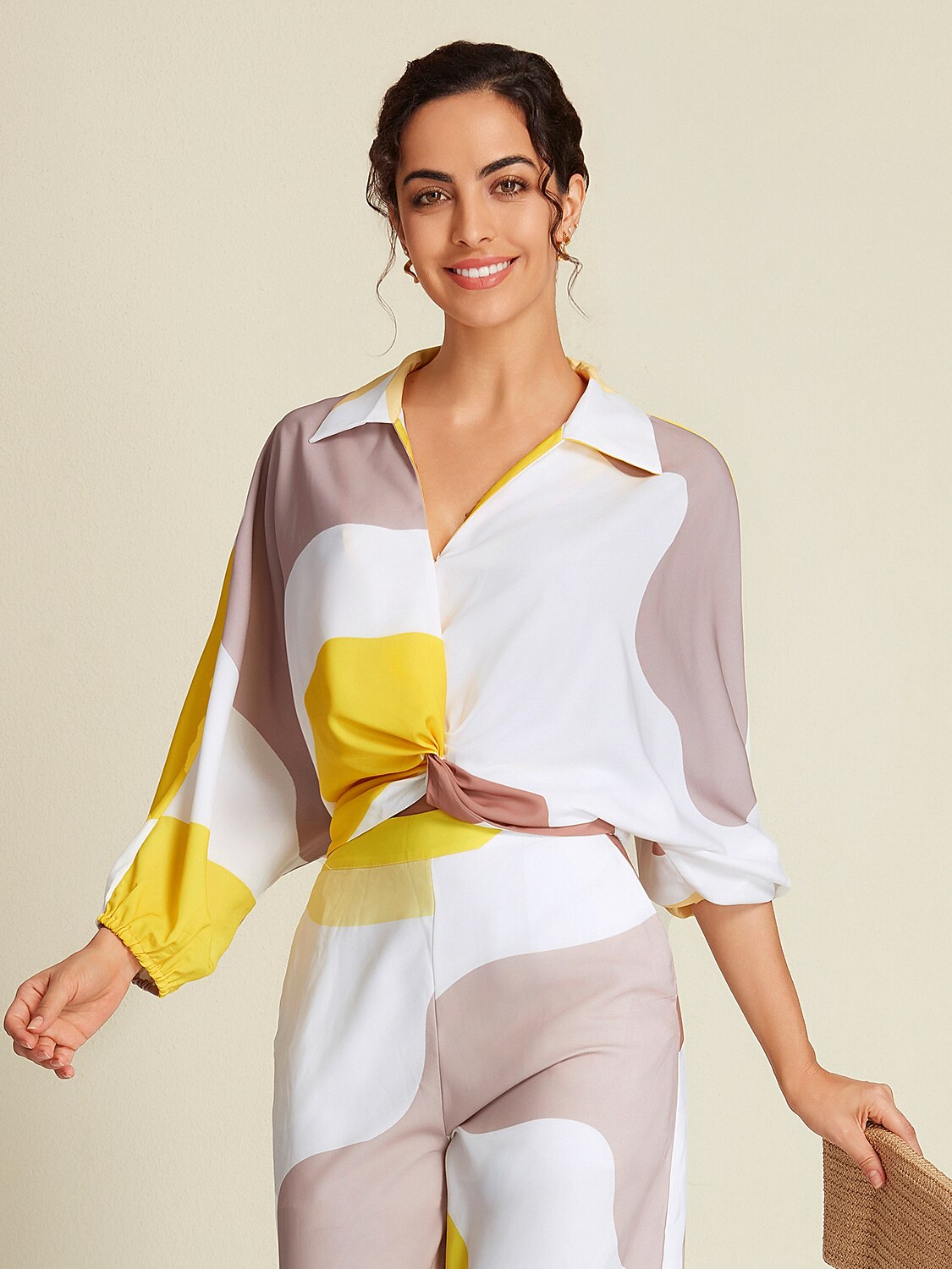 Satin Contrast Knot Front Balloon Sleeve Shirt