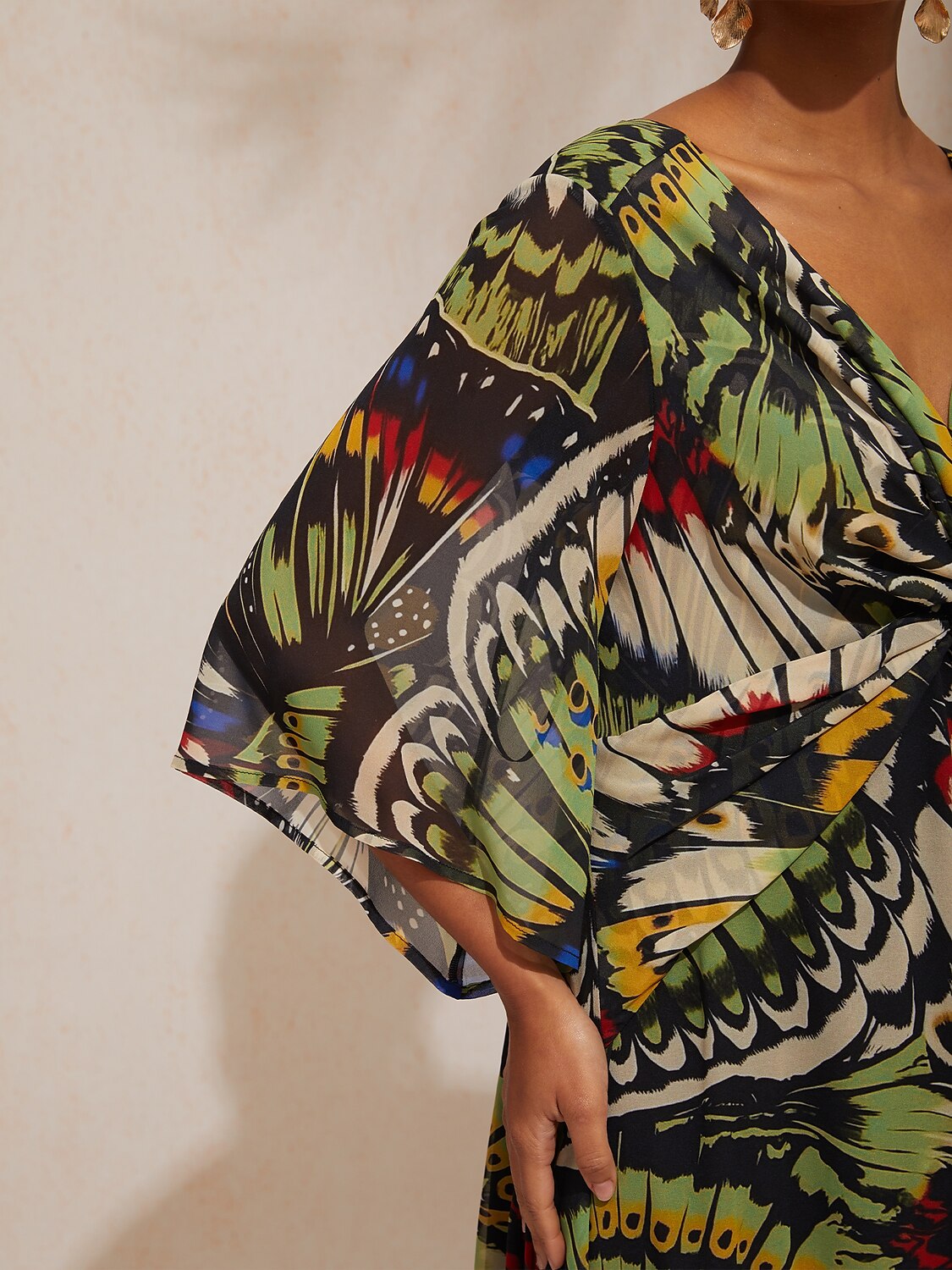 Vacation Butterfly Print Waist Defined Chiffon Maxi Dress