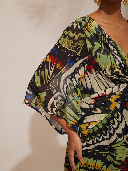 Vacation Butterfly Print Waist Defined Chiffon Maxi Dress