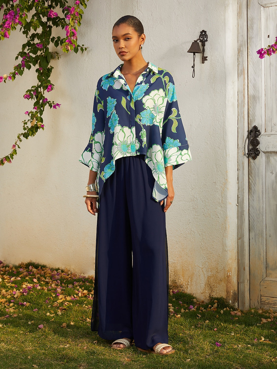 Vacation Green Floral High Low Chiffon Short Shirt