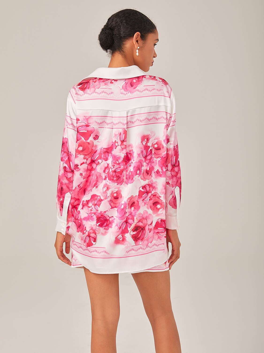 Satin Floral Print Straight-Cut Stand Collar Shirt