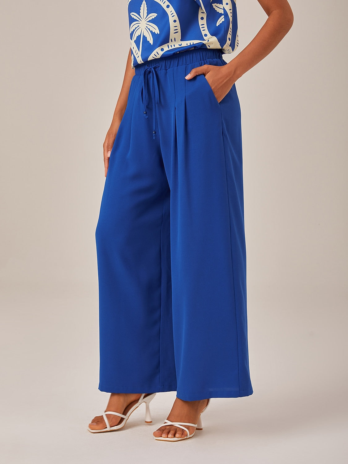 Elastic Chiffon Waist Drawstring Wide Leg Resort Pants