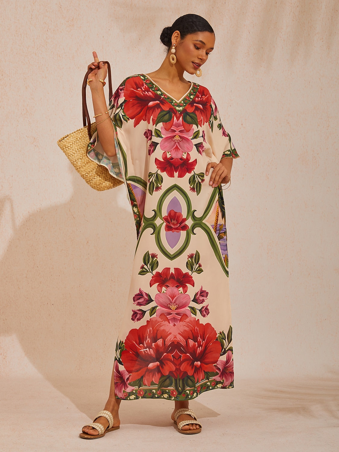 Vacation Placement Floral Batwing Sleeve Chiffon Maxi Dress