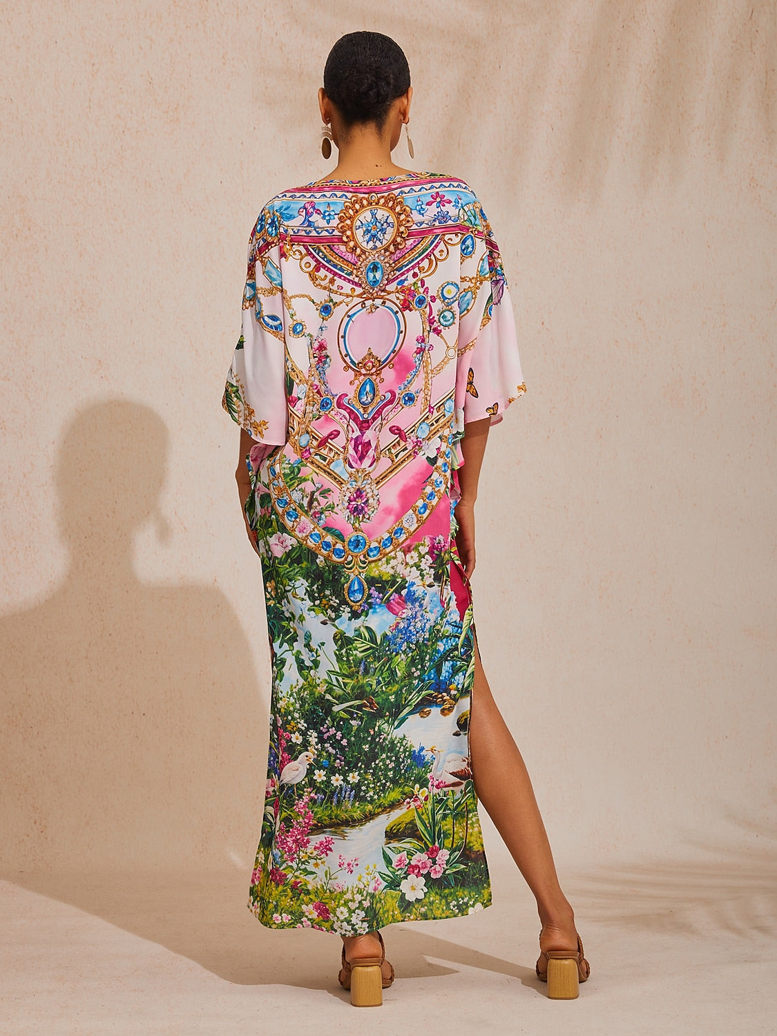 Vacation Jungle Print Dolman Sleeve Chiffon Maxi Dress