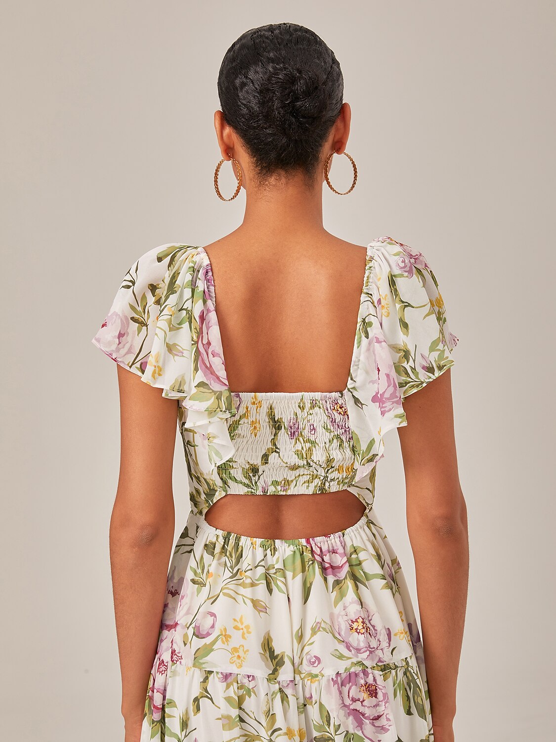 Elegant Floral Print Chiffon Flowy V-Neck Backless Maxi Dress