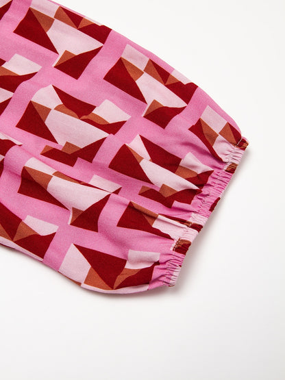 Resort Maxi Dress Pink Short Geometic Drawstring