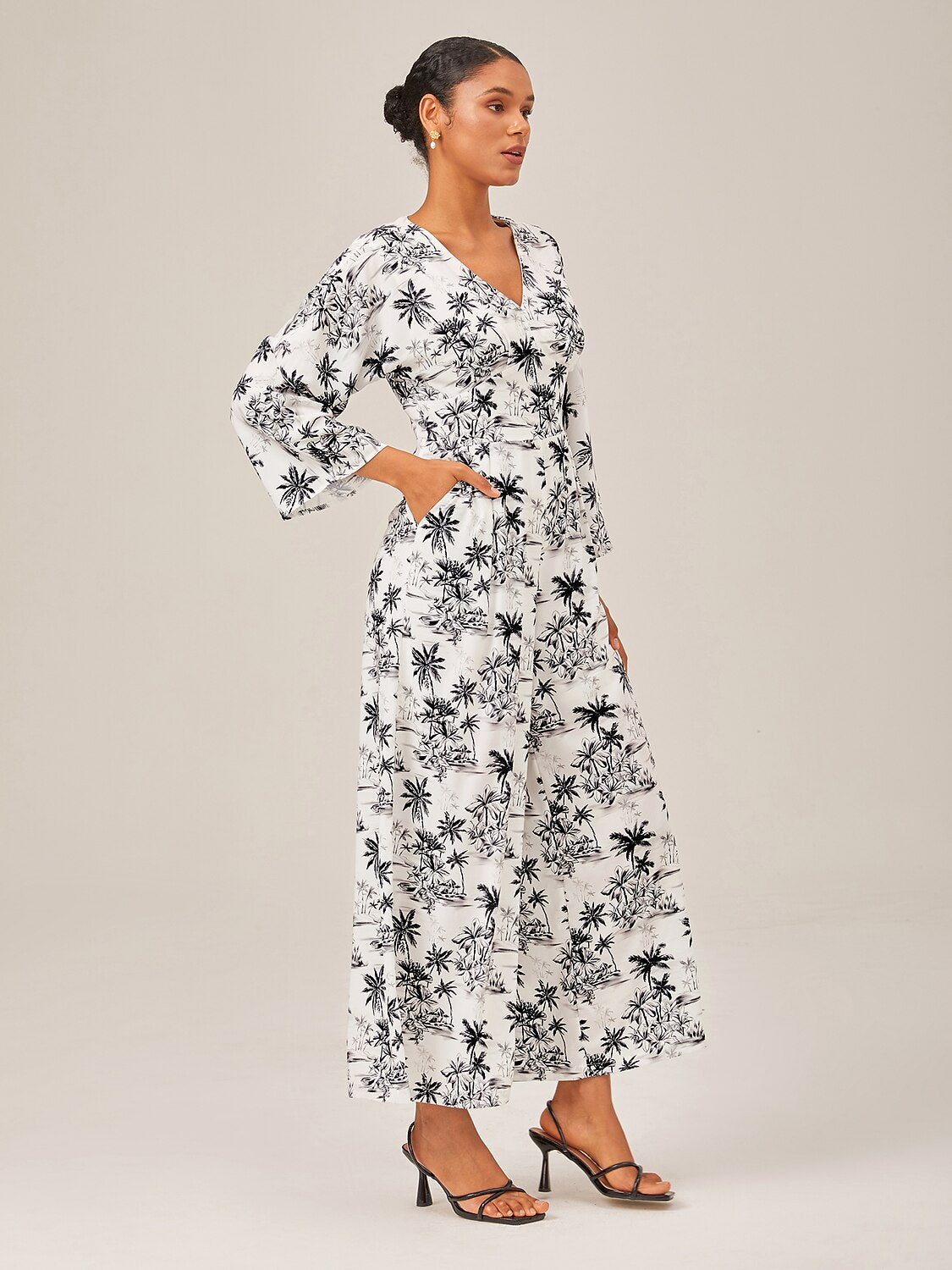 Palm Tree Print Vacation Style Satin Jumpsuit