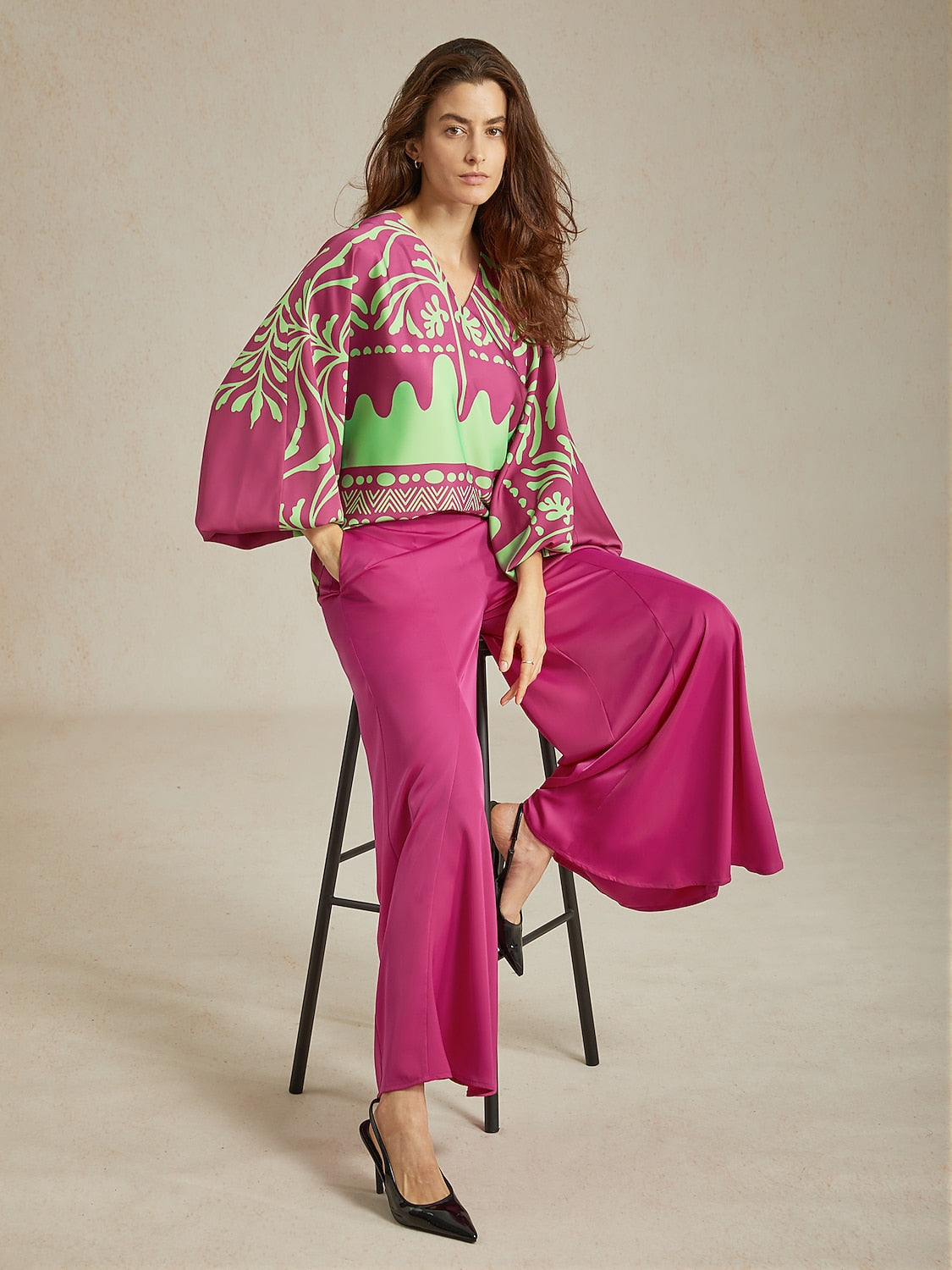 Top Vivid Fuchsia Print Satin Lantern Seaside