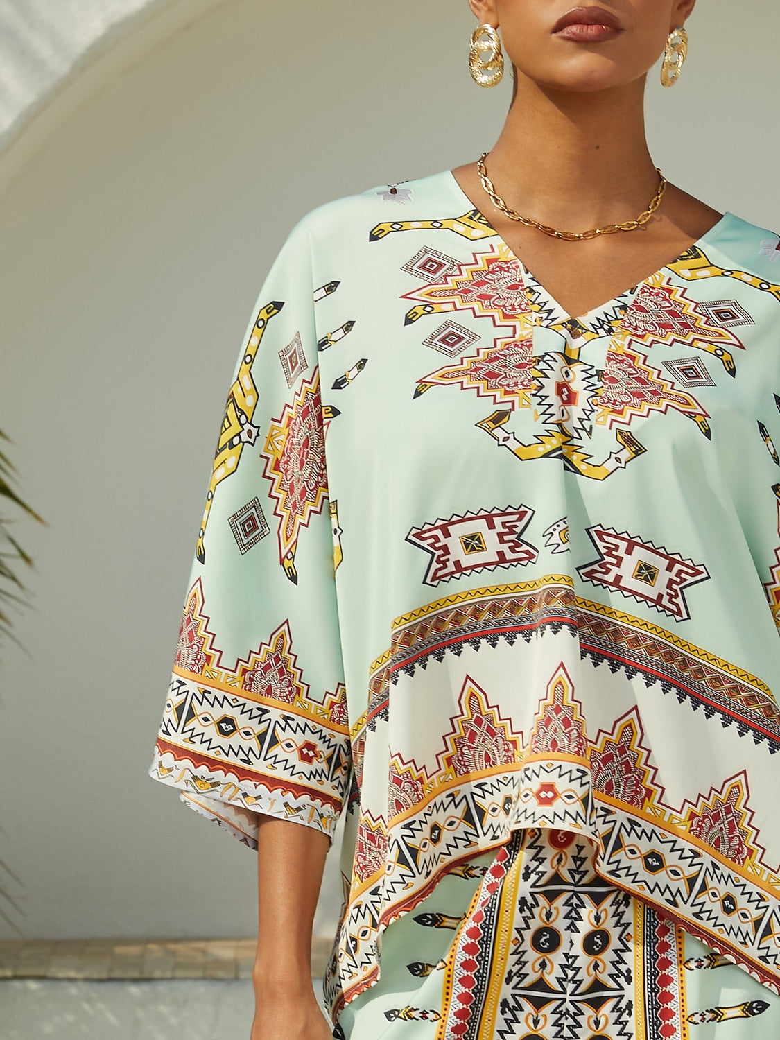 Vacation Vintage Geometric Print Satin Dolman Sleeve Short Top