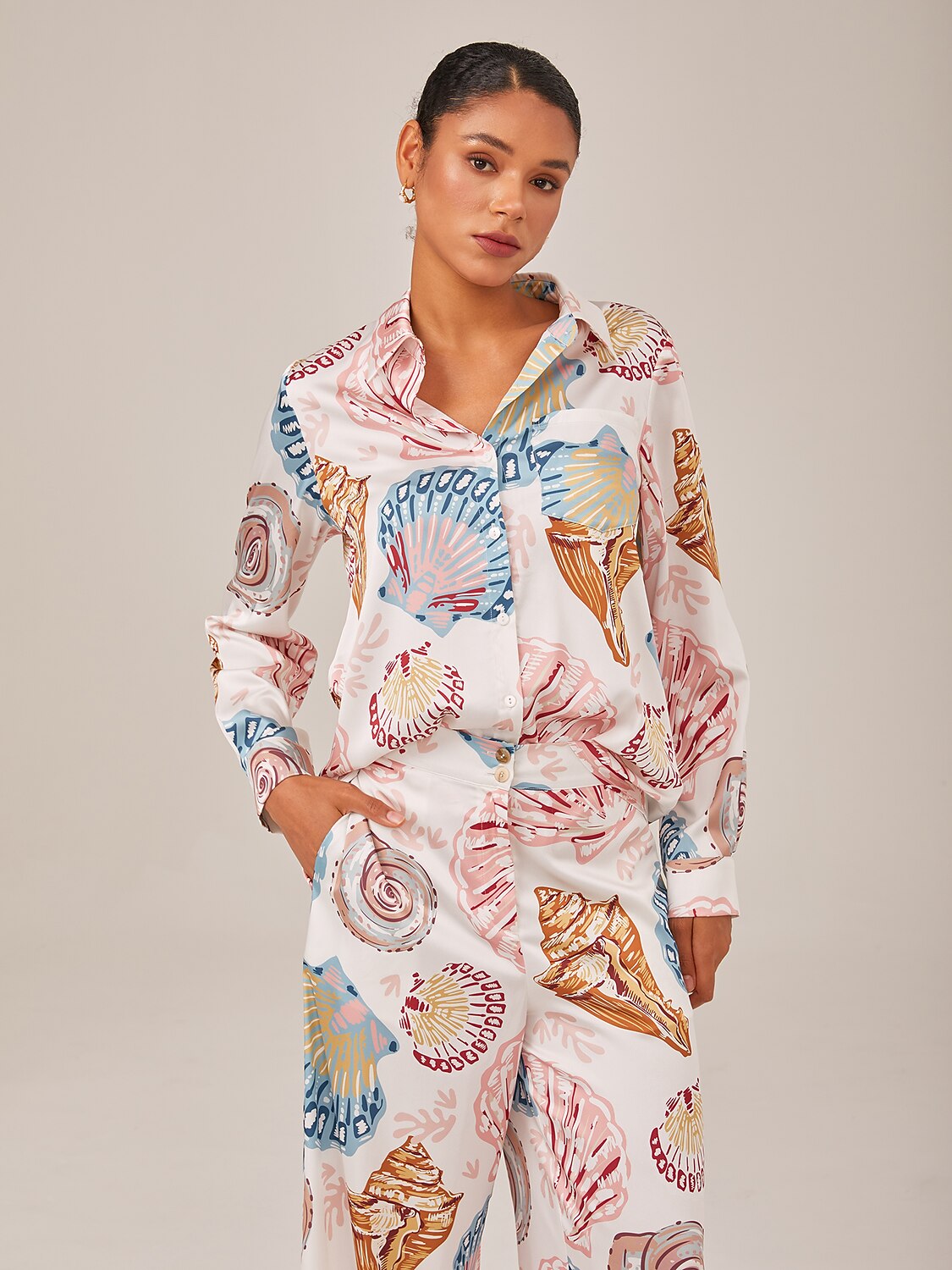 Shell Print Button Down Relaxed Long Sleeve Shirt