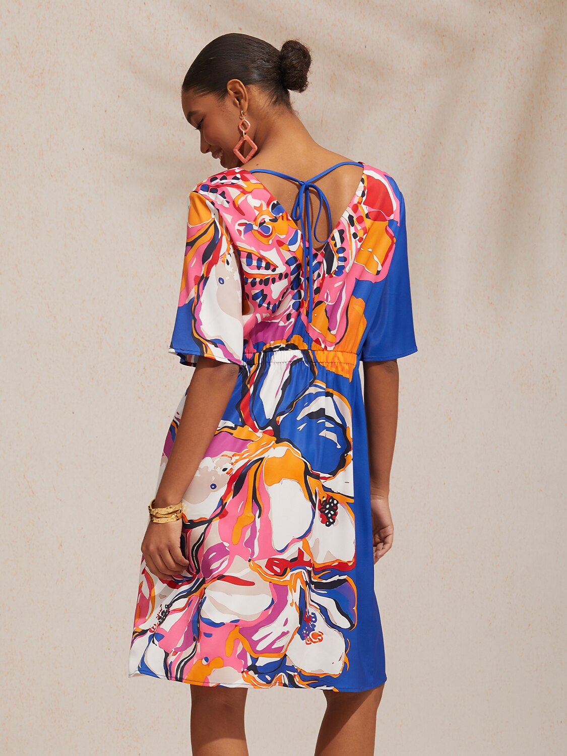 Vacation Artistic Floral Fitted Waist Satin Mini Dress