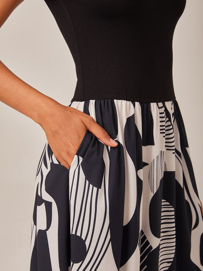 Black-White Geometric Abstract Print Casual Dress