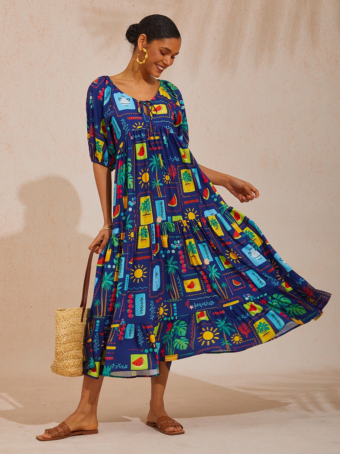 Vacation Tropical Geometric Print A Line Satin Maxi Dress