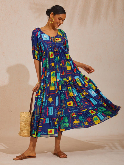 Vacation Tropical Geometric Print A Line Satin Maxi Dress