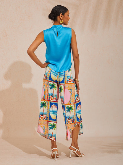 Vacation Geometric Floral Print Curved Hem Cross-over Satin Wide leg Pants
