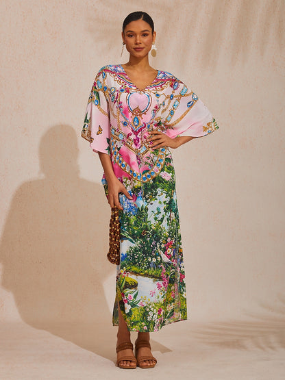Vacation Jungle Print Dolman Sleeve Chiffon Maxi Dress