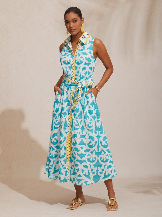 Shirt Collar Belted Pocket Vacation Maxi Dress