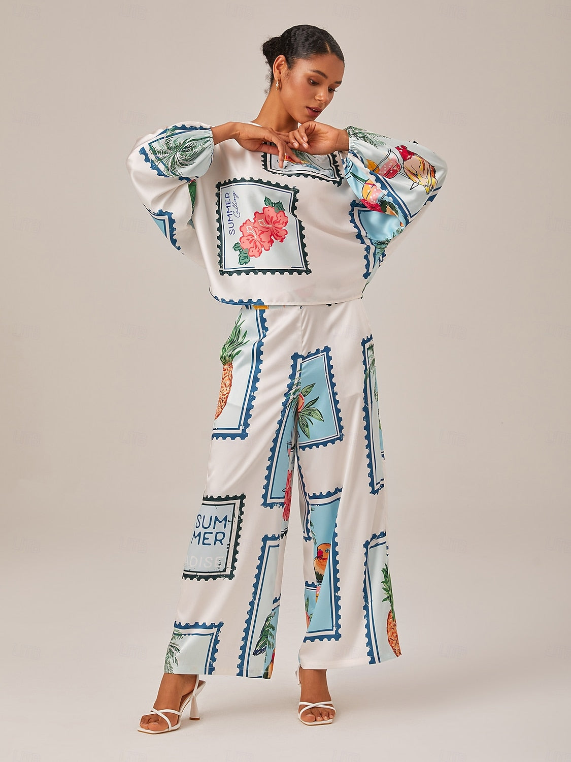 Satin Casual Seamless Pattern Print Elastic Waist Wide Leg Pants