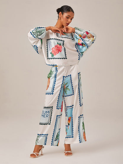 Satin Casual Seamless Pattern Print Elastic Waist Wide Leg Pants