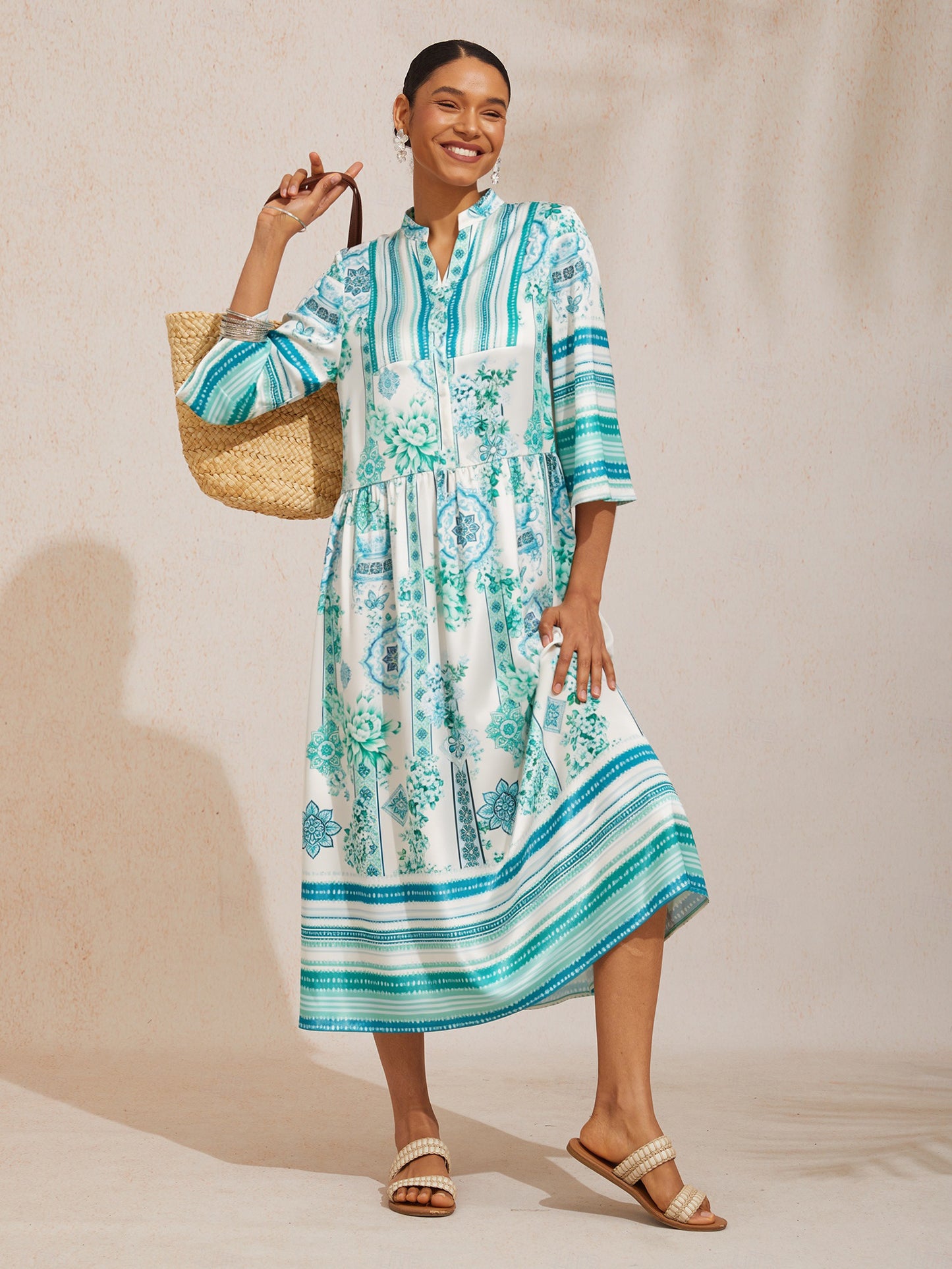 Celadon Bloom Story Silky Satin Maxi Dress