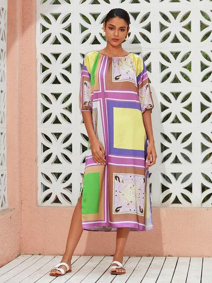 Satin Scarf Geometrical Print Midi Dress