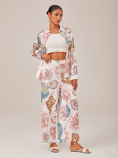 Shell Print Elastic Waist Wide Leg Pants