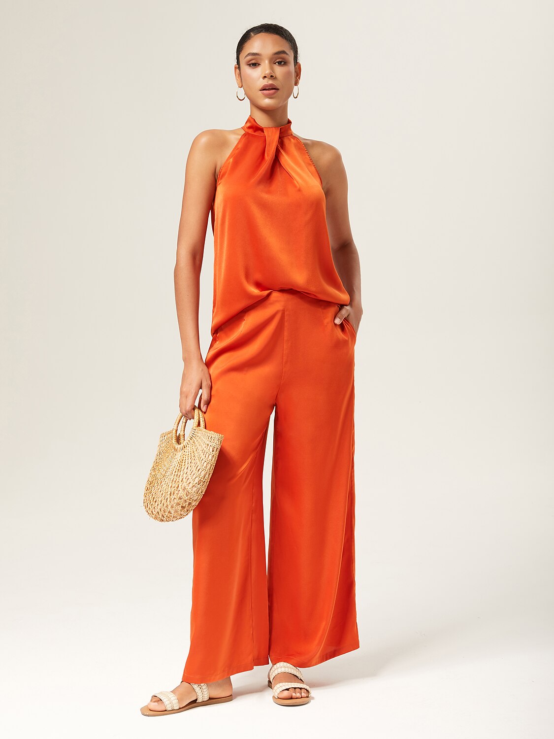 Satin Orange Stand Collar Wide Leg Pants Set