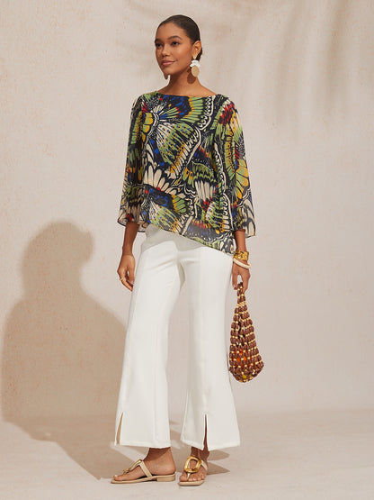 Vacation Butterfly Color Block Print Loose Chiffon Top