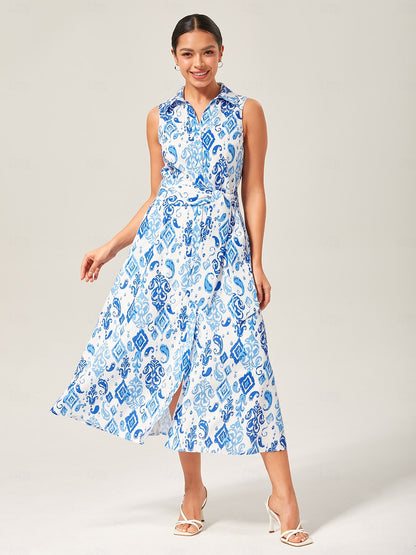 Monochrome Print Linen Look Midi Shirt Dress