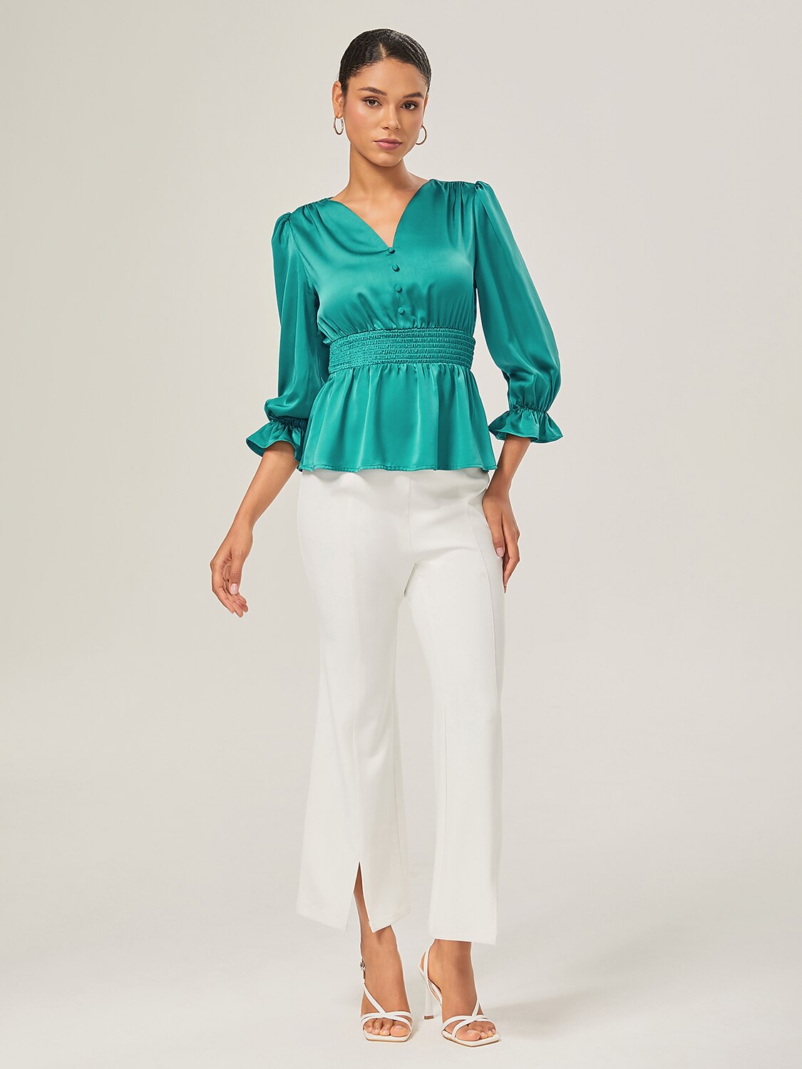 Elegant Lake Green Satin Cinched Blouse