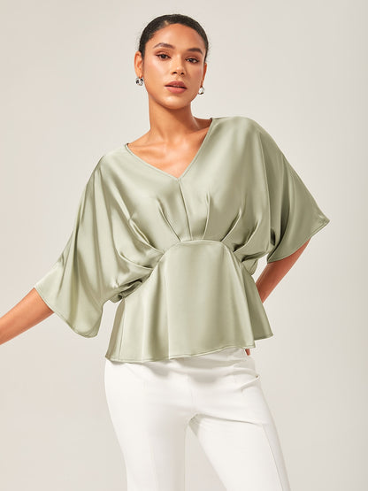 Satin Dolman Sleeve Inverted Pleat V-Neck Top
