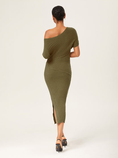 Olive Green One-Shoulder Knitted Bodycon Maxi Dress