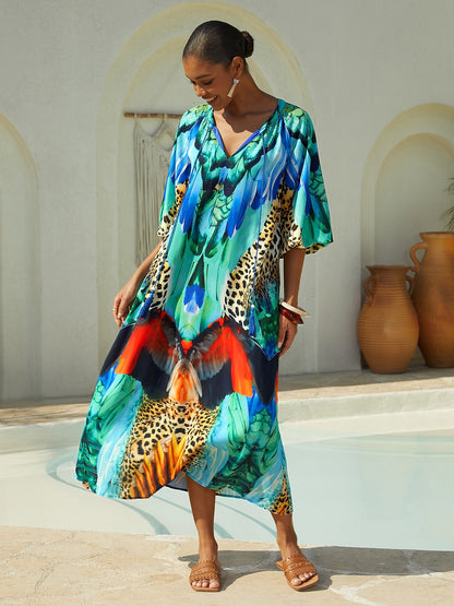 Vacation Leopard Feather Motif Straight Fit Chiffon Maxi Dress