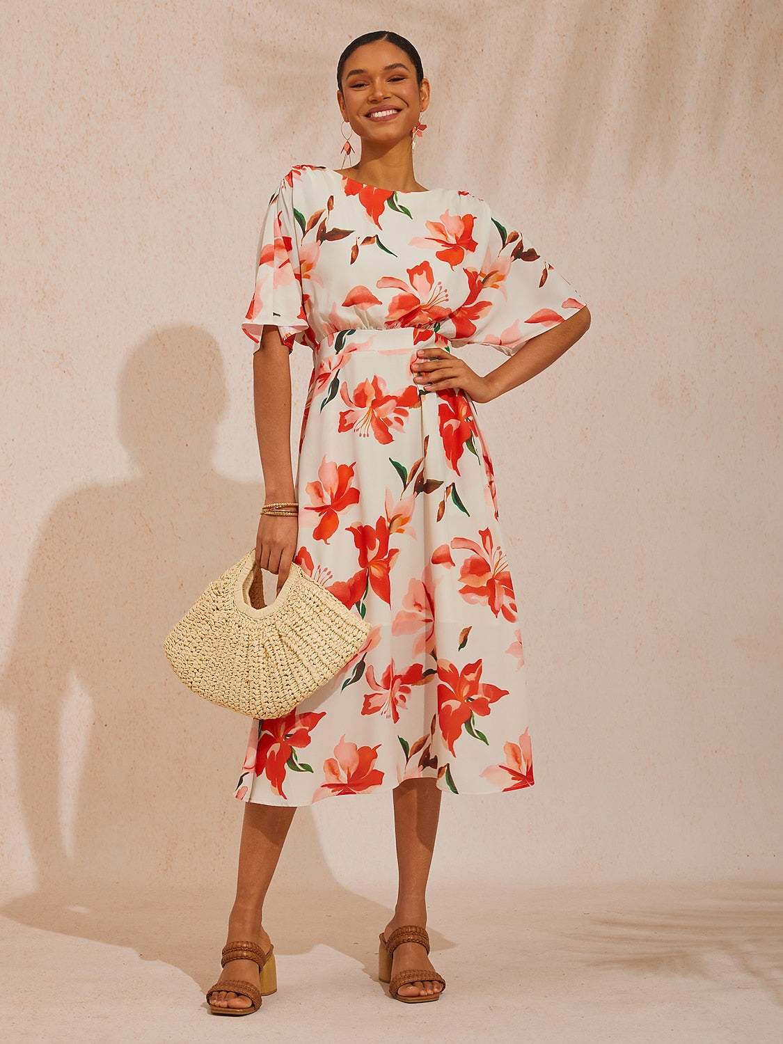 Vacation Pink Floral Print Waist Cinching Chiffon Maxi Dress