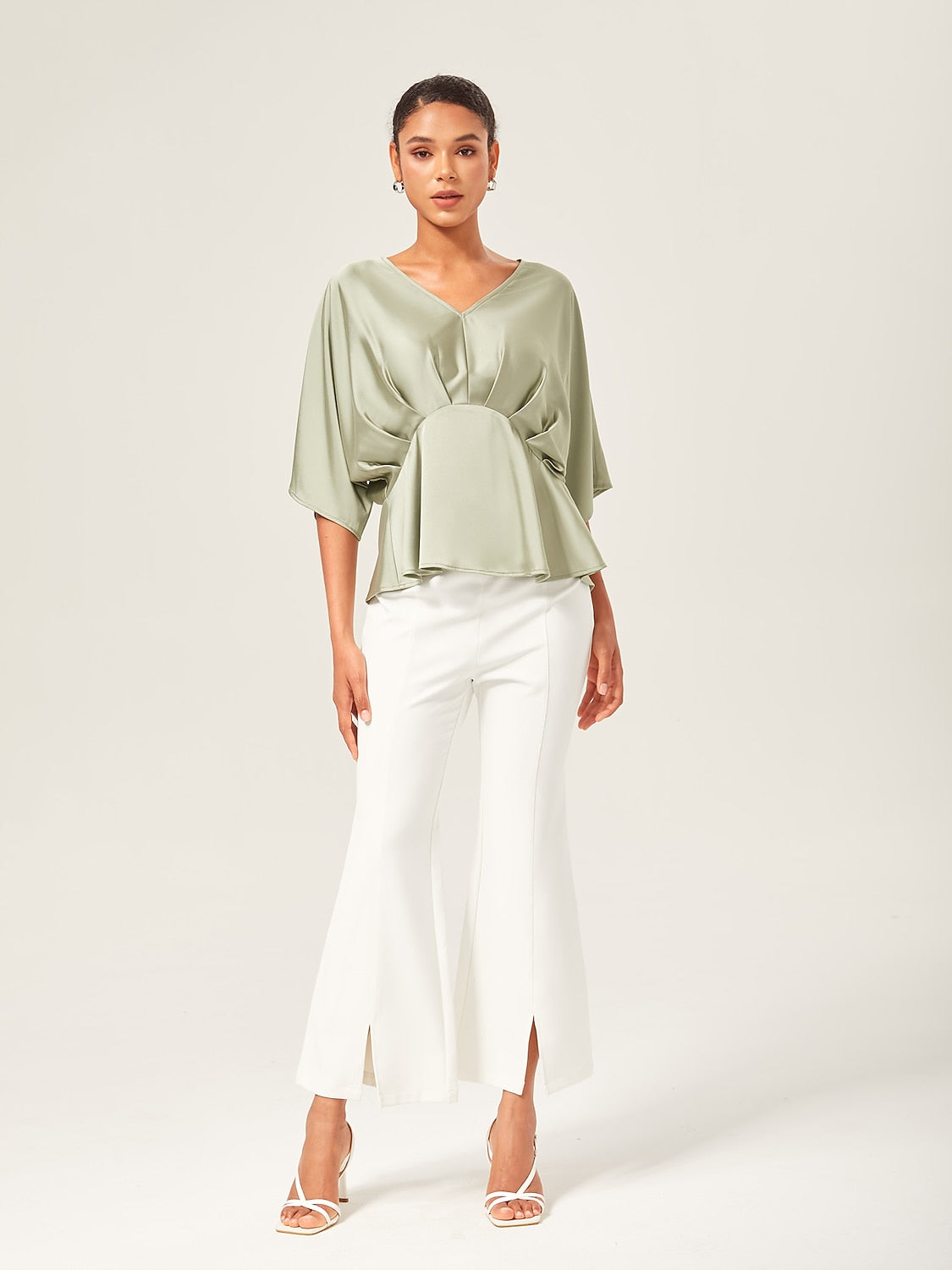 Satin Dolman Sleeve Inverted Pleat V-Neck Top