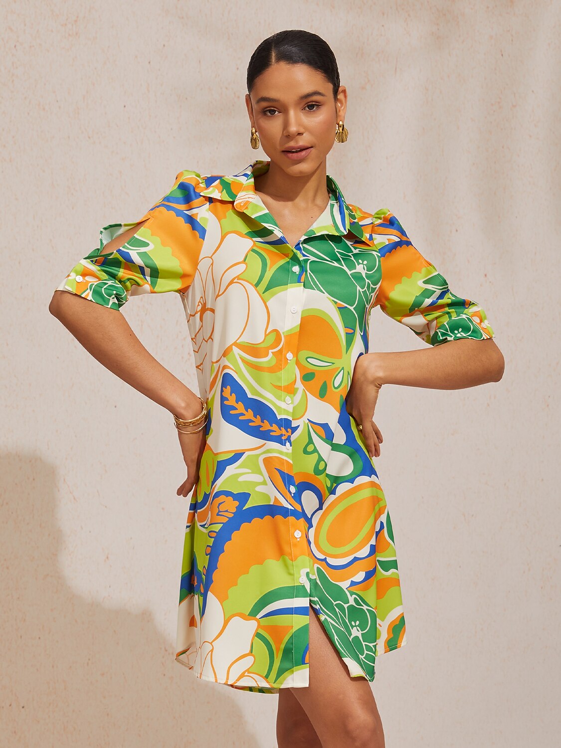 Vacation Scenic Floral Print Straight Satin Shirt Dress